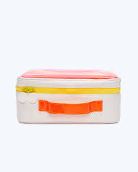 neon orange and white toiletries bag