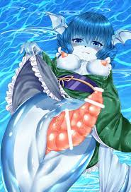 wakasagihime, touhou, artist request, 1girl, animal penis, animalization,  blue eyes, breasts, censored, dog, dolphin penis, fins, furry, futanari,  head fins, japanese clothes, kimono, looking at viewer, mermaid, monster  girl, nipples, penis, solo,