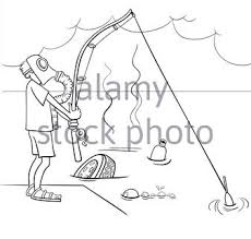 A fisherman at the lake. Black And White Cartoon Illustration Of Not Very Smart Guy Fishing In The Sewage Coloring Book Page Stock Vector Image Art Alamy