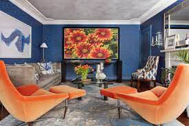 orange living room with blue walls