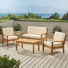 Noble House Peyton 4 Pc Outdoor Wooden Set W Beige Cushions