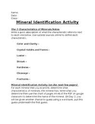 Mineral Identification Activity Student Worksheet