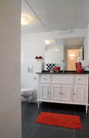 black white and red in the bathroom