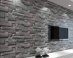 Image of Sophisticated living room with 3D dark charcoal brick wallpaper