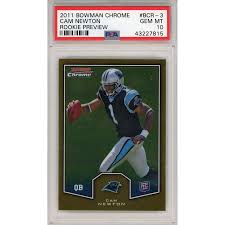 The 2015 nfl mvp cam newton wore this blue carolina panthers home jersey during a rookie season photo shoot in 2011. Cam Newton Carolina Panthers 2011 Bowman Chrome Gold Rookie Preview Bcr 3 Psa 10 Card Topps