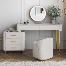 forclover white modern luxury makeup vanity table w led mirror sintered stone top 5 drawers stool 30 7 in x 31 5 in x 18 in
