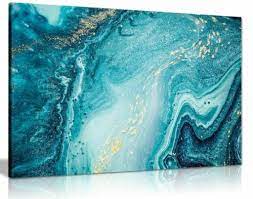 Blue Teal Gold Marble Canvas Wall Art