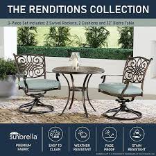 Agio Renditions 3 Piece Aluminum Outdoor Dining Set With Sunbrella Mist Blue Cushions 2 Swivel Rockers And 32 In Table