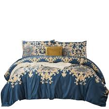 3 pcs blue and gold teal bedding set