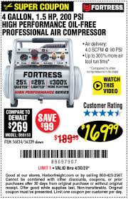 2 hp 125 psi oil lube air compressor. Harbor Freight Tools Coupon Database Free Coupons 25 Percent Off Coupons Toolbox Coupons Fortress 4 Gallon 1 5hp Oil Free Proffessional Air Compressor