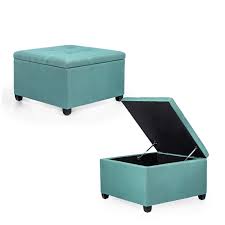 Tufted Storage Ottoman Square Fabric Footrest Stool Bench With Hinged Lid Light Green