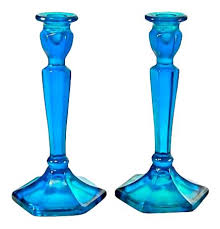 blue iridescent glass candlesticks