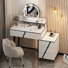 fufu a white modern makeup vanity desk wood dressing table with 3 color led lighted mirror reversible draweretal legs
