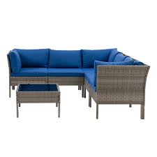 Corliving Patio Sectional 6pc Blended Grey With Blue Cushions