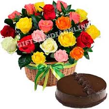 25 mixed roses basket with cake send