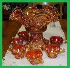 amber carnival glass punch bowl set art