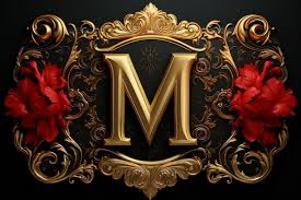 the letter m is on a gold background