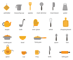 set of kitchen tools with names vector