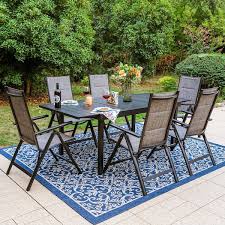 Phi Villa Black 7 Piece Metal Extendable Table Patio Outdoor Dining Set With Gery Folding Reclining Padded Sling Chairs