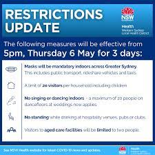 Nsw health has updated guidance for disability providers reflecting increased surveillance testing for sydney lga's and restrictions for . Western Sydney Health Breaking New Restrictions Across Greater Sydney Will Now Apply For 3 Days Following A Second Covid 19 Case Details Https Thepulse Org Au 2021 05 06 New Restrictions In Sydney Following Second Covid 19 Case Facebook
