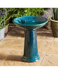 Blue Ceramic Bird Bath On Pedestal