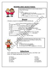 K5 learning worksheets for grade 1 students on identifying nouns and verbs in sentences. Nouns And Adjectives Esl Worksheet By Jesssa
