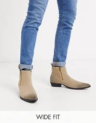 Maybe you would like to learn more about one of these? Asos Design Wide Fit Cuban Heel Western Chelsea Boots In Stone Faux Suede With Zips Asos