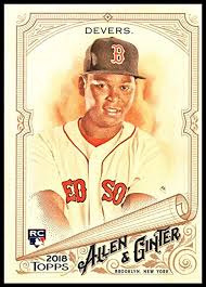 Since his major league baseball debut will be occurring so late in the 2017 season, you can expect to find his rookie cards in all 2018 products. Amazon Com 2018 Topps Allen And Ginter 216 Rafael Devers Rc Rookie Red Sox Baseball Card Collectibles Fine Art