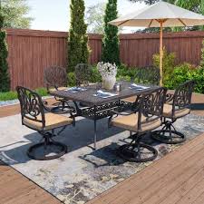 Laurel Canyon Classic Dark Brown 7 Piece Cast Aluminum Rectangle Outdoor Dining Set With Table And Swivel Dining Chairs Khaki Cushion