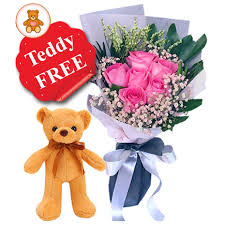 pink roses with free teddy to manila