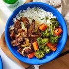 baked beef and veggies with rice