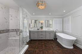 75 wood look tile floor bathroom with
