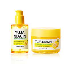 A concentrated brightening serum that helps alleviate blemishes and freckles with niacinamide and yuja extract. Some By Mi Yuja Niacin Serum Sleeping Mask Kbeauty Brightening Set