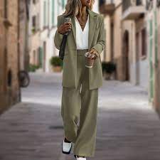 Женский однотонный элегантный костюм, пиджак с длинным рукавом, пальто с  высокой талией, прямые длинные брюки с широкими штанинами, Модный женский  профессиональный костюм | AliExpress