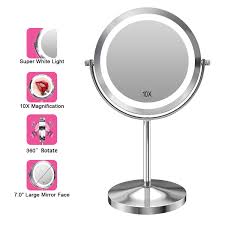 Gospire 10x Magnified Lighted Makeup Mirror Double Sided Round Magnifying Mirror Standing 360 Degree Swivel Vanity Mirror Battery Operated 7 Inch Diameter Shaving Bathroom Mirror