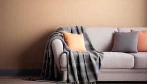 cozy grey sofa with plaid near beige