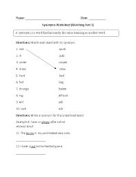synonyms worksheets matching syonyms