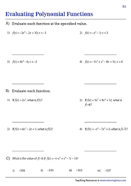 Evaluating Polynomial Functions Worksheets