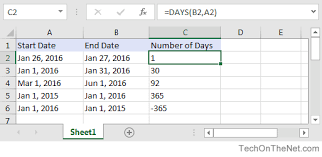 ms excel how to use the days function ws