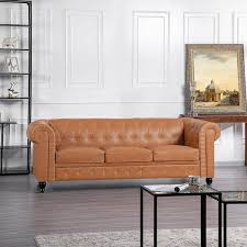 Homestock Chesterfield Sofa Set 3 Piece Caramel Tufted Cushions With Rolled Arms Top Material Faux Leather