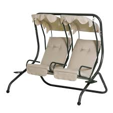 Outsunny 2 Seat Outdoor Swing Chairs With Handrails And Removable Canopy Beige