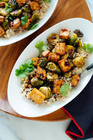 roasted brussels sprouts crispy baked tofu and rice recipe