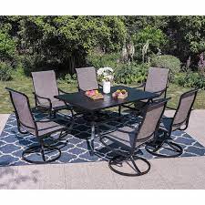 Phi Villa Black 7 Piece Metal Rectangle Patio Outdoor Dining Set With Slat Table And Textilene Swivel Chairs