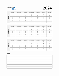 q1 2024 calendar template with notes in