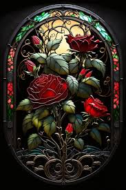 A Stained Glass Window With A Red Rose
