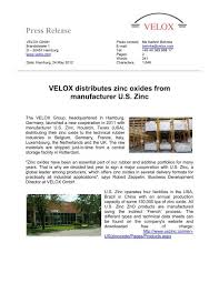 Aerus lcc (formerly electrolux corporation, usa). Press Release Velox Distributes Zinc Oxides From Manufacturer Us