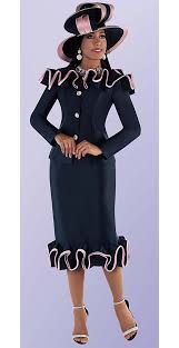 Tally Taylor 4700 Navy Two Piece Church Suit With Ruffle Piping Trimmed Jacket And Skirt