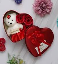 Heart Shaped Gift Box Set With White Teddy And Red Flowers, 