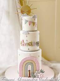 Celebrate With Cake 1st Birthday 3 Tier Baby Girl Cake gambar png