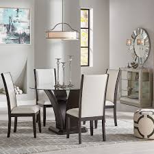 Glass table with a metal frame and four pieces of leather chairs for dining room. Tory 5 Pc Round Dining Set Badcock Home Furniture More
